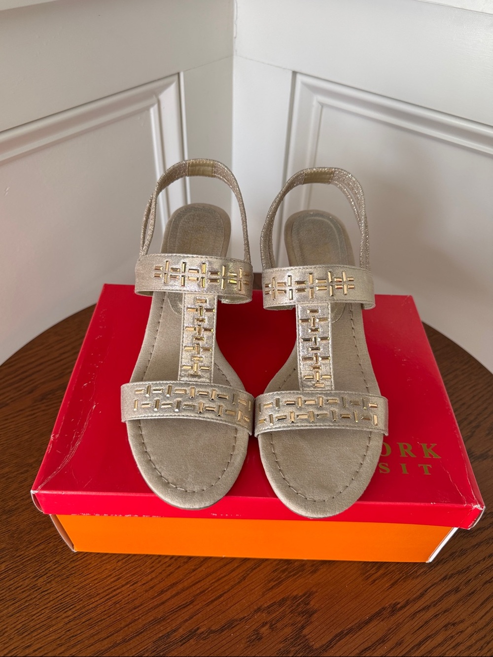 New York Transit Metallic Gold T-Strap Slingback Sandals
